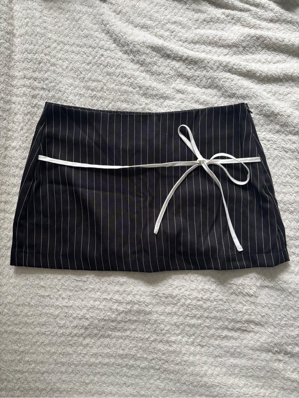 Black Pinstripe Mini Skirt with White Tie Accent